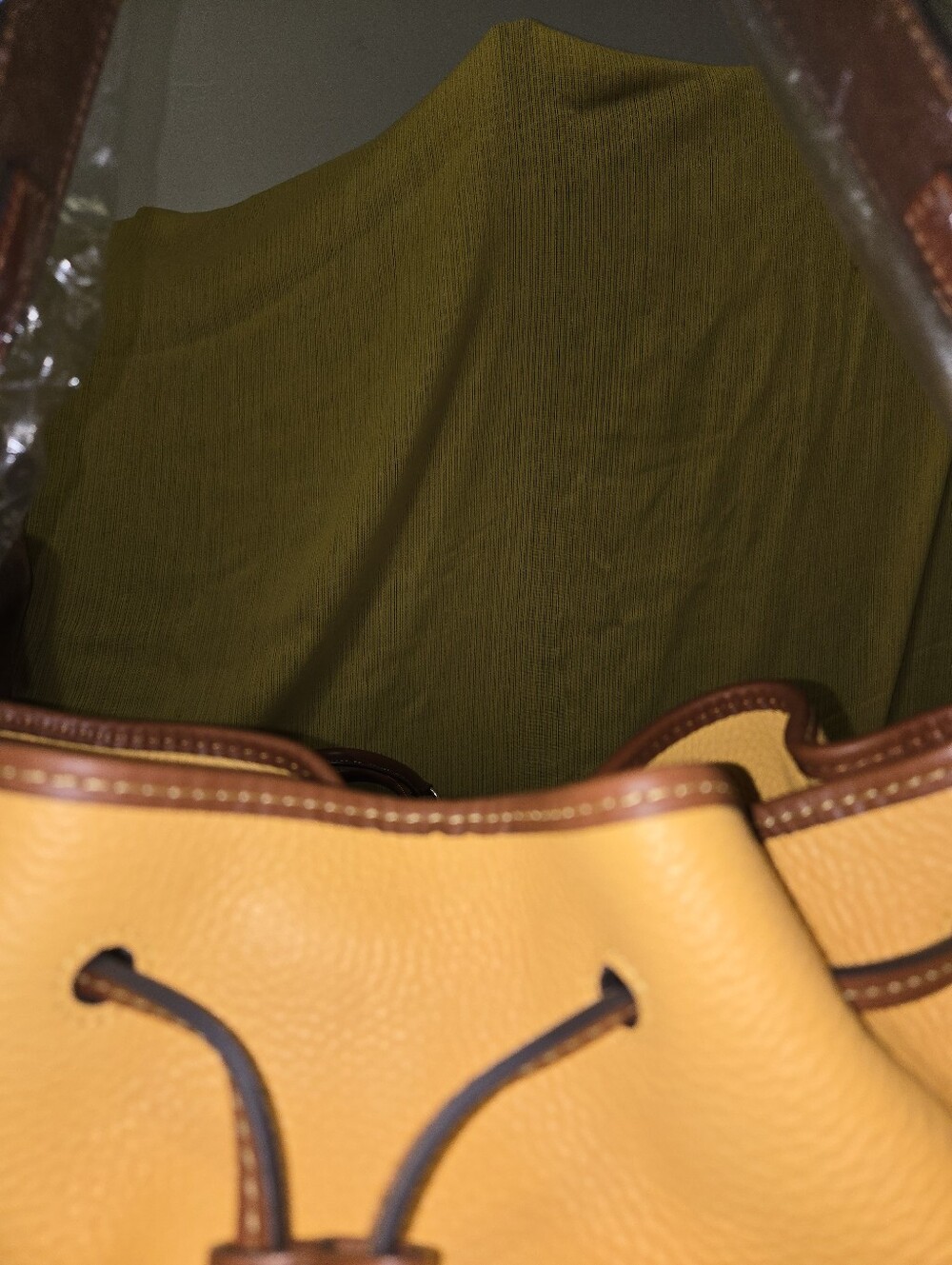 Dooney & Bourke Mustard Yellow Leather Drawstring Hobo with Dark Brown Straps - Picture 9 of 16